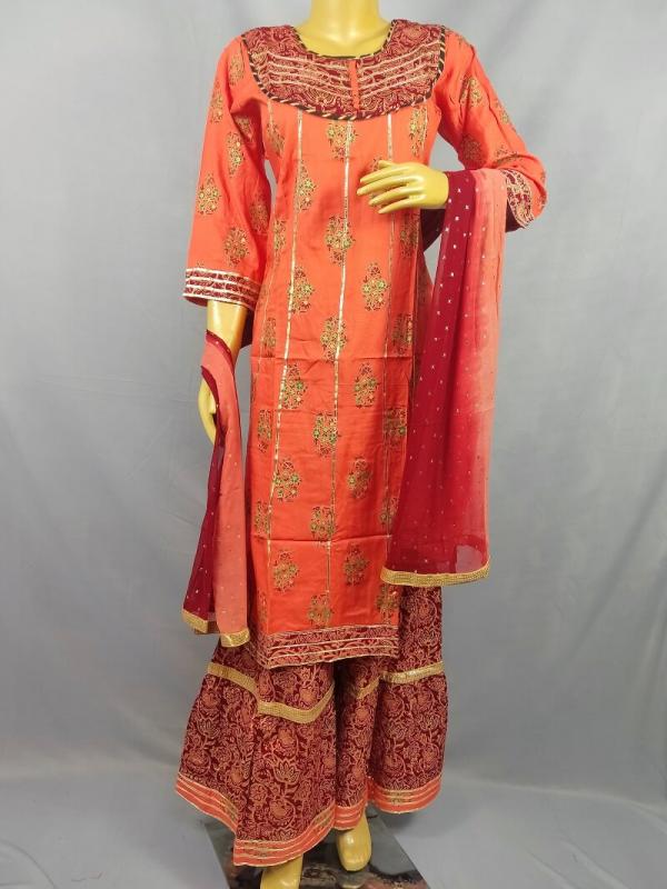 2 Tone Orange Printed Kurti with Sharara & matching Duptta